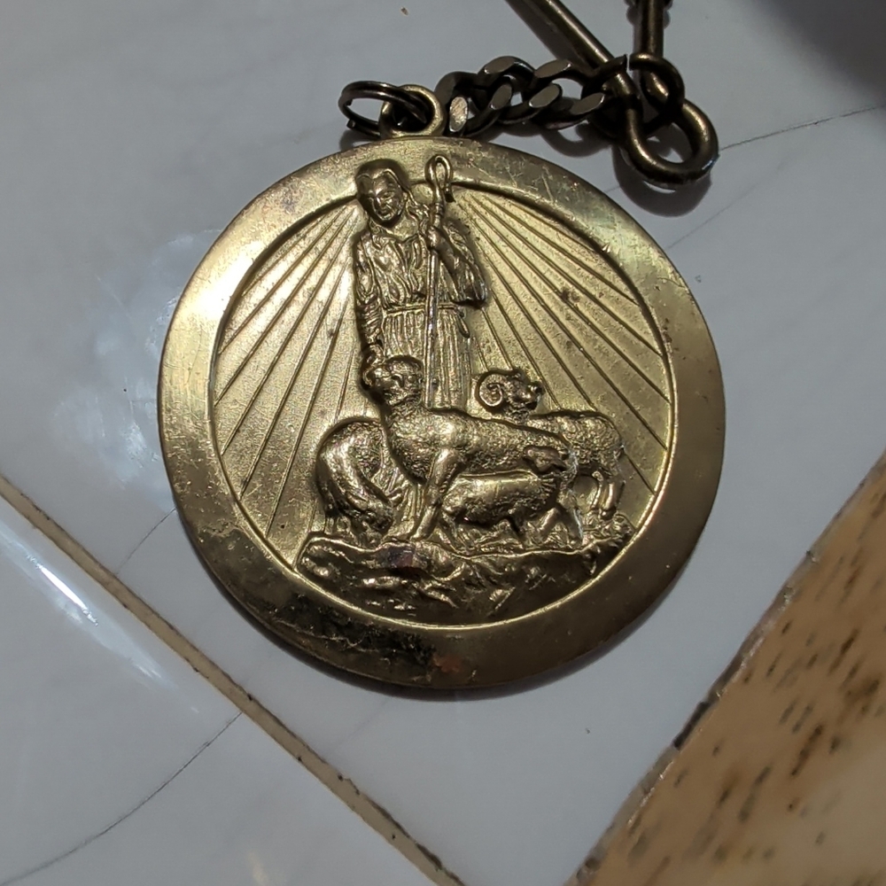 Gold Medallion Keychain with Religious Design